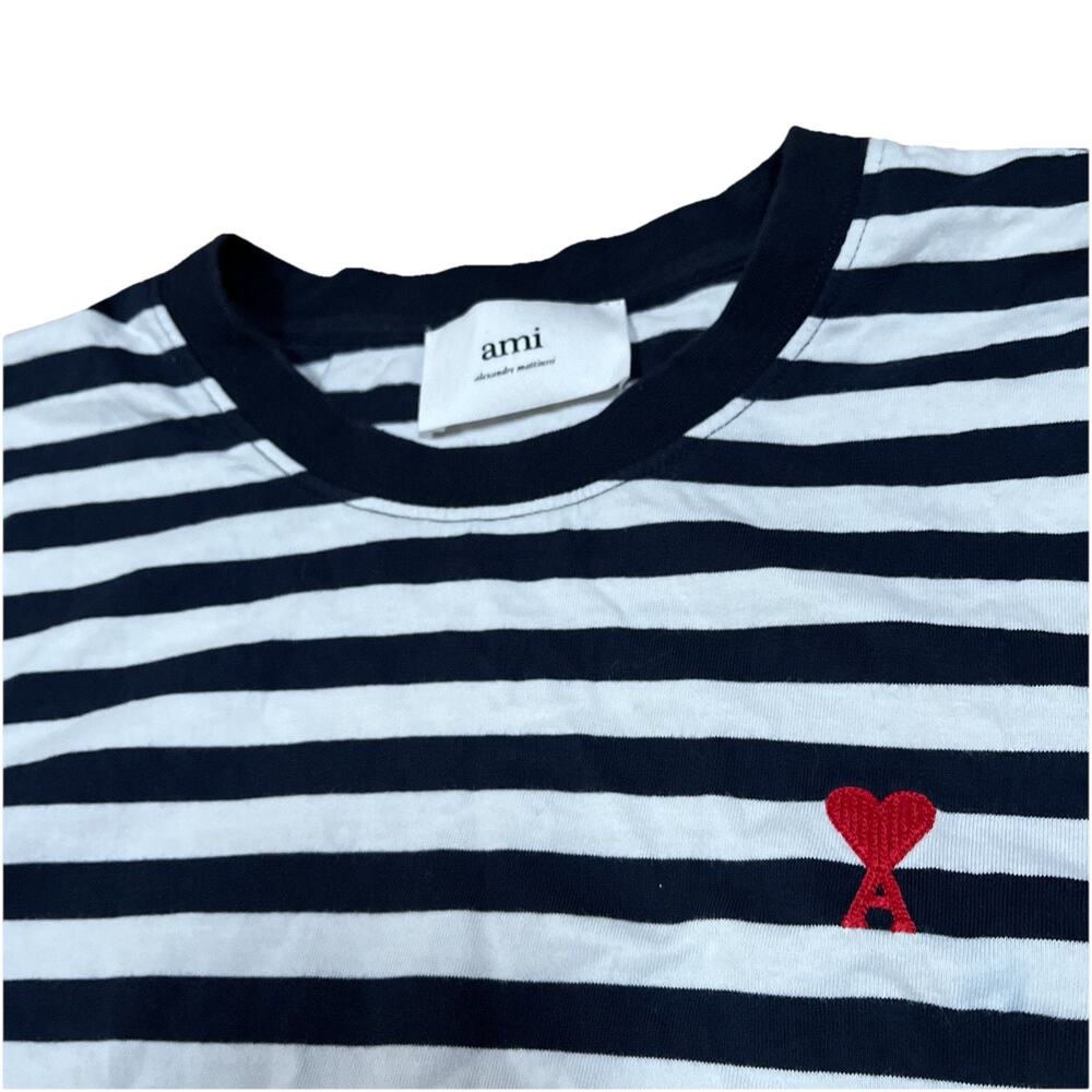 AMI Alexandre Mattiussi Red Heart Stripe T-Shirt Navy White Medium See Note